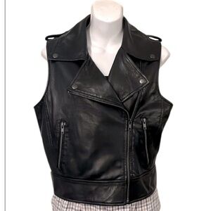Black Cropped Lambskin Leather Moto Asymmetrical Zipper Goth Riding Vest Jacket